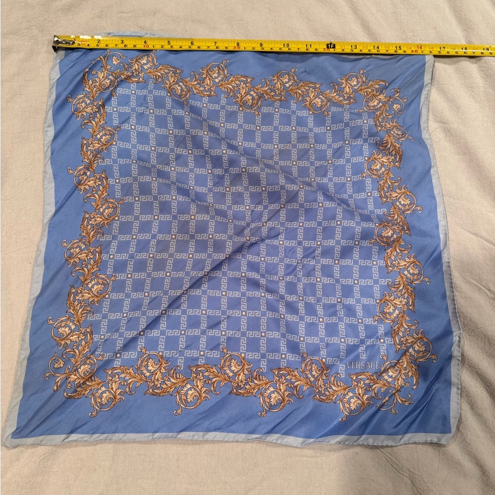 Versace 100% Silk Blue and Gold Patterned Scarf
